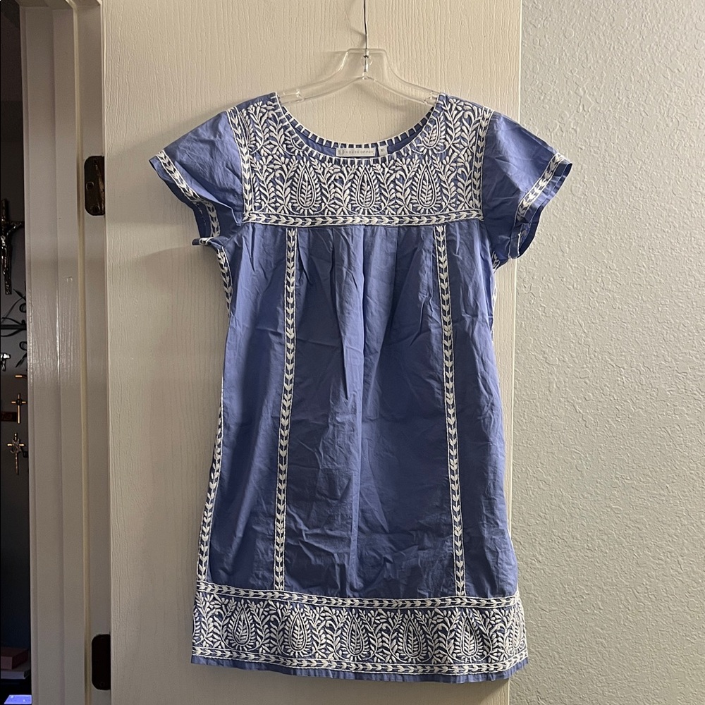 Blue Embroidered Midi Dress with White Trim